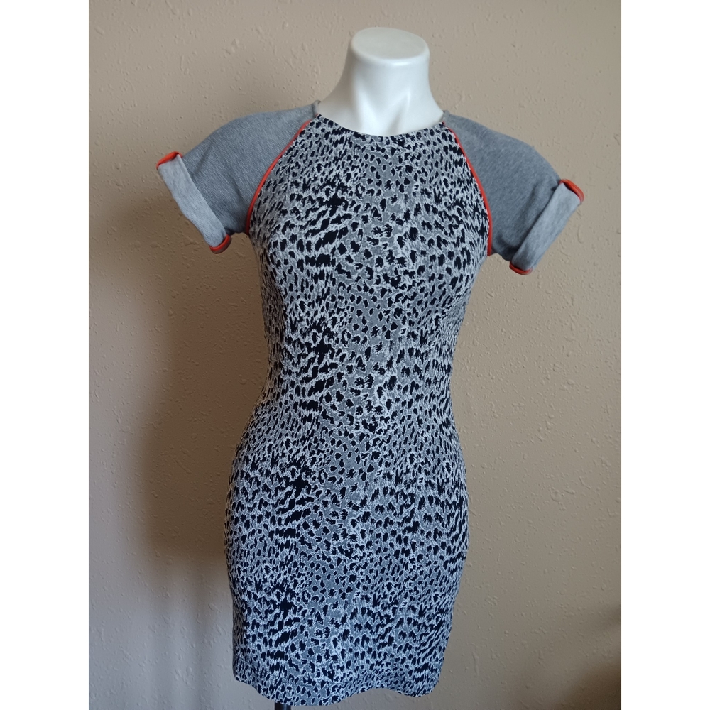 French Connection Grey & Black Animal Print Mini Dress with Coral Trim